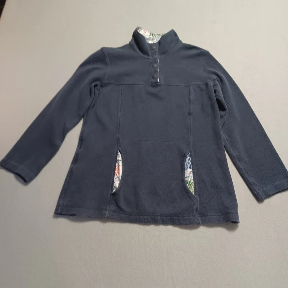 Tommy Bahama‎ Womens XS Navy Blue Fleece Snap Mock Neck Tropical Floral Pullover